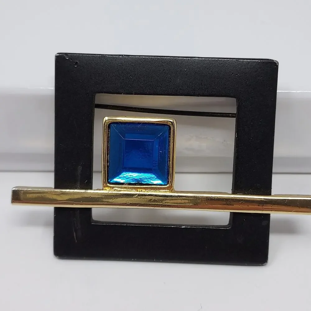 Vintage Modernist Geometric Brooch Blue Rhinestone Black Enamel Frame 1980s 2.25